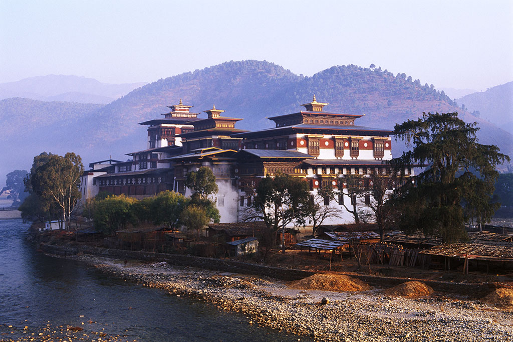 Punakha Dzong Surrounded by Rivers and Hills
