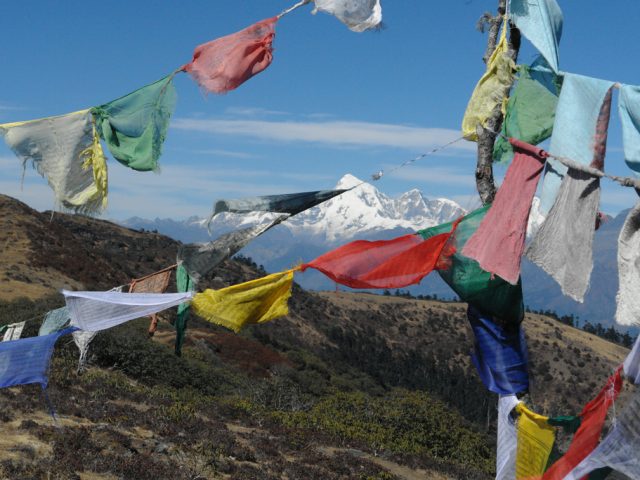 View of Jumolhari through prayer flags