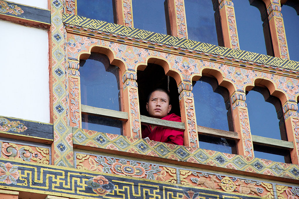 Young Buddhist monk looking out of the window
